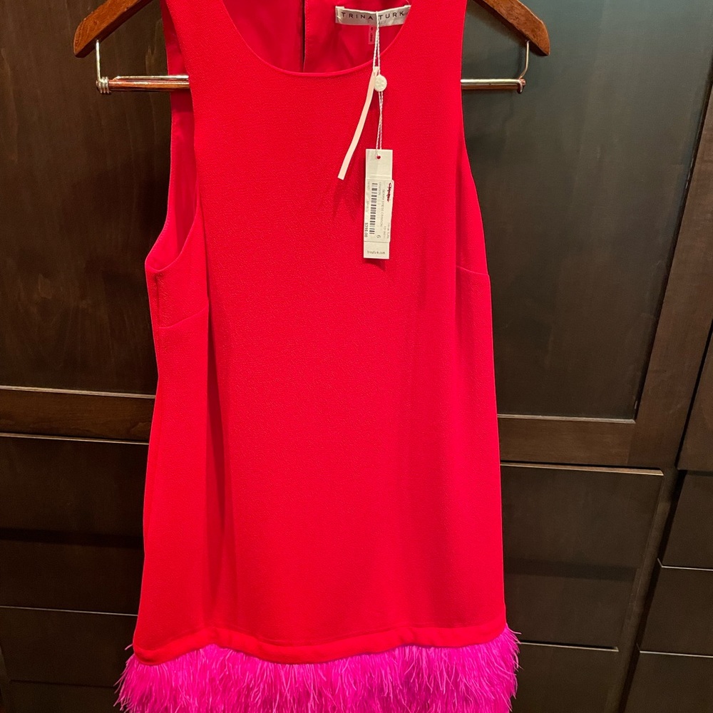 Trina Turk Berry color block feather trim dress